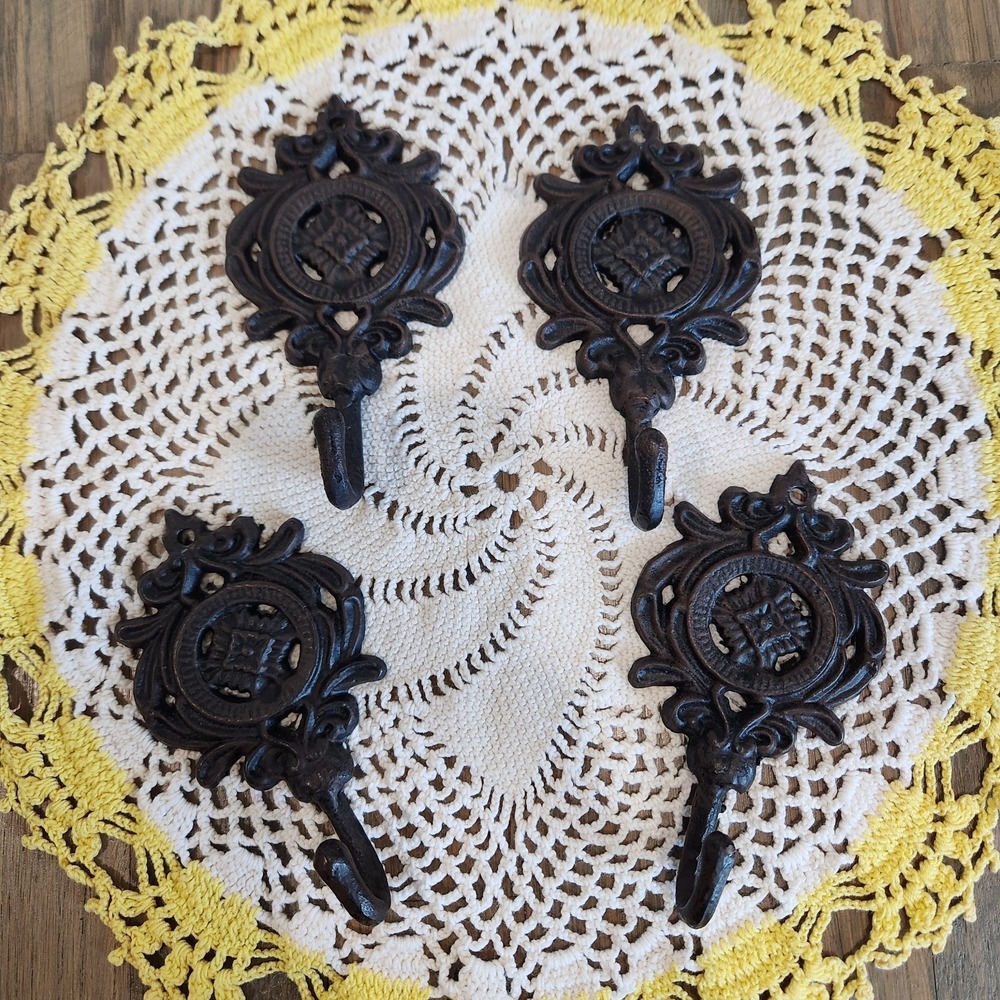 Antique Set Of 4 Cast Iron Wall Hooks Brown Decorative Coat Hat‎ Towel Hanging